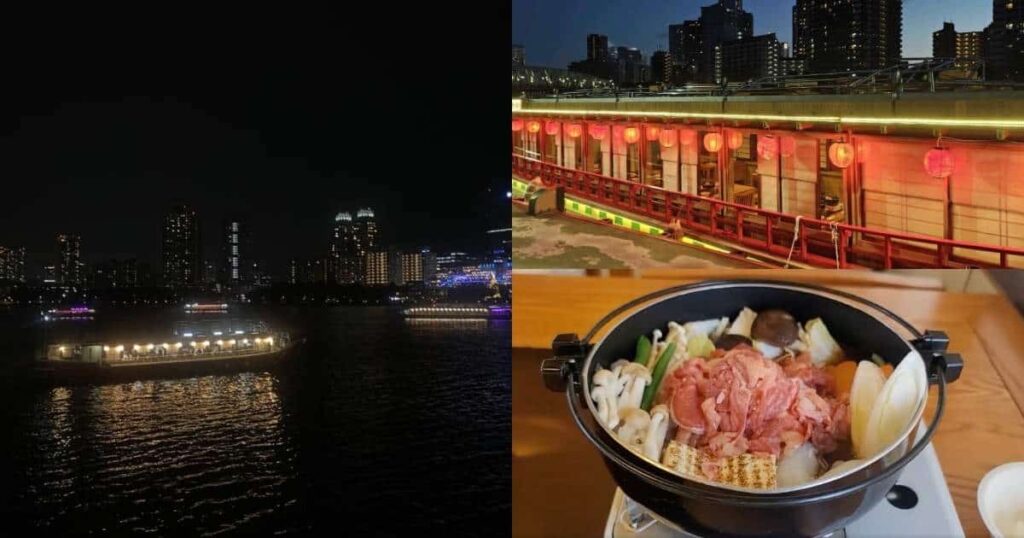Yakatabune dinner cruise with night river views, traditional houseboat lanterns, and sukiyaki meal