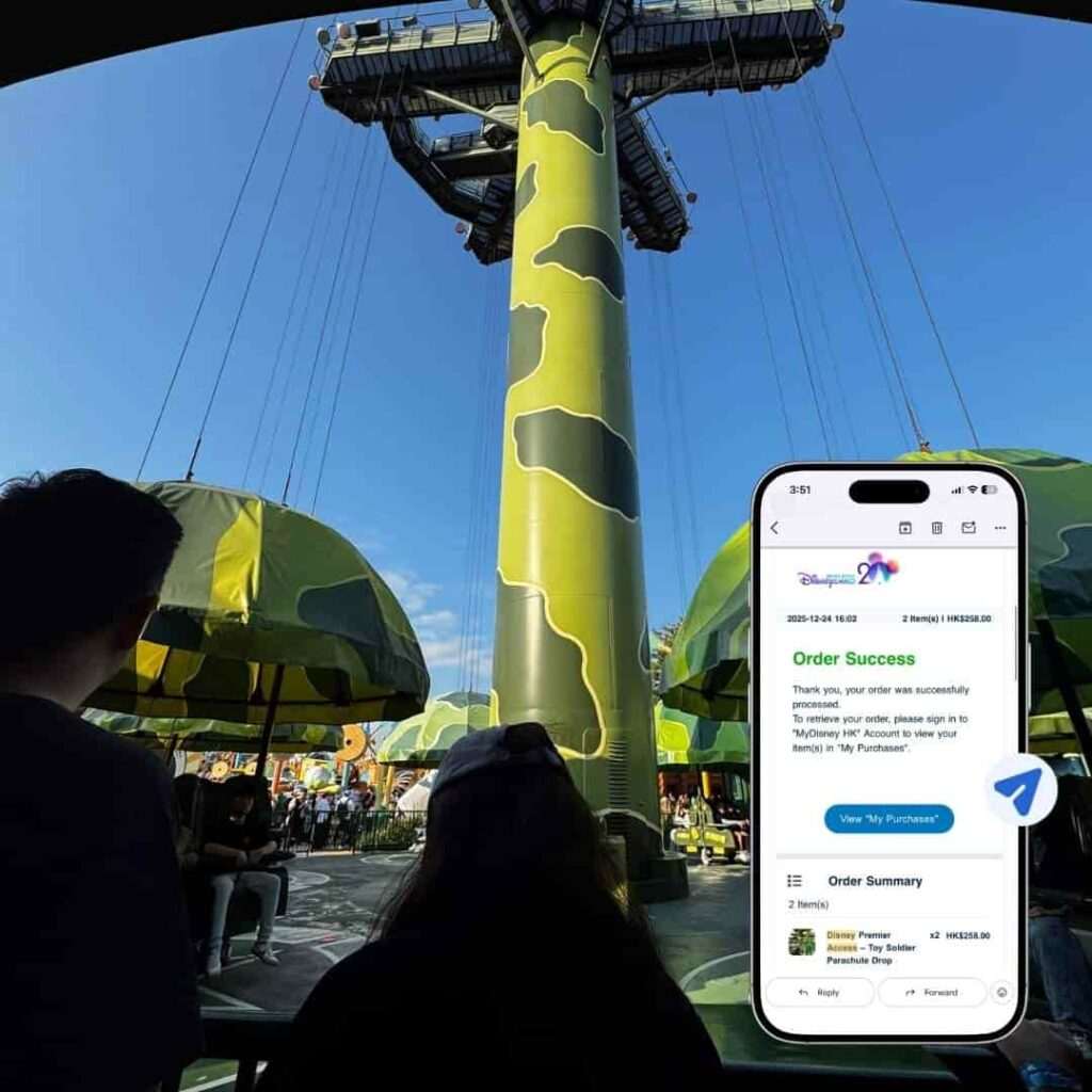 Disney Premier Access order confirmation for Toy Soldier Parachute Drop at HK$258 for 2 people, purchased on December 24 2025 at Hong Kong Disneyland