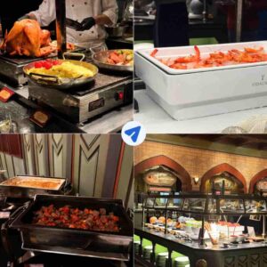 Explorer's Club Restaurant semi-buffet dinner spread at Hong Kong Disneyland including carving station, seafood, braised beef, and salad bar from a December 2025 visit