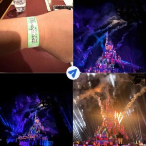 Momentous VIP designated viewing area wristband and castle nighttime spectacular photos from Hong Kong Disneyland