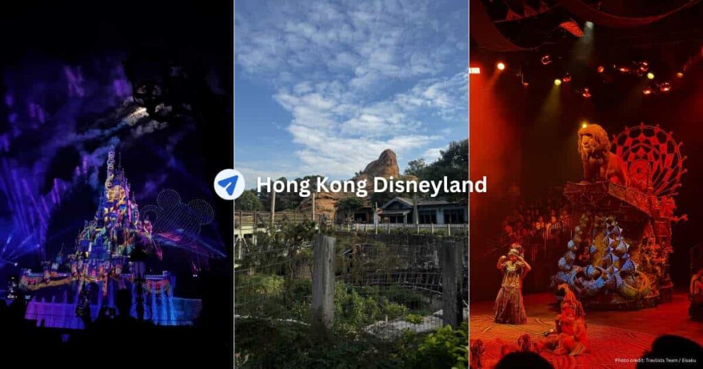 Hong Kong Disneyland Momentous nighttime show, Adventureland park grounds, and Festival of the Lion King performance — photos from a December 2025 visit by Eisaku of Travlists
