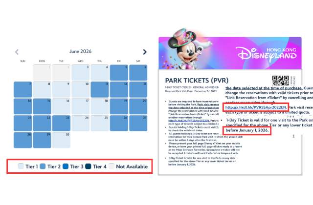Hong Kong Disneyland ticket tier calendar showing Tier 1 to Tier 4 dates for June 2026, alongside a sample 1-Day Tier 3 park ticket