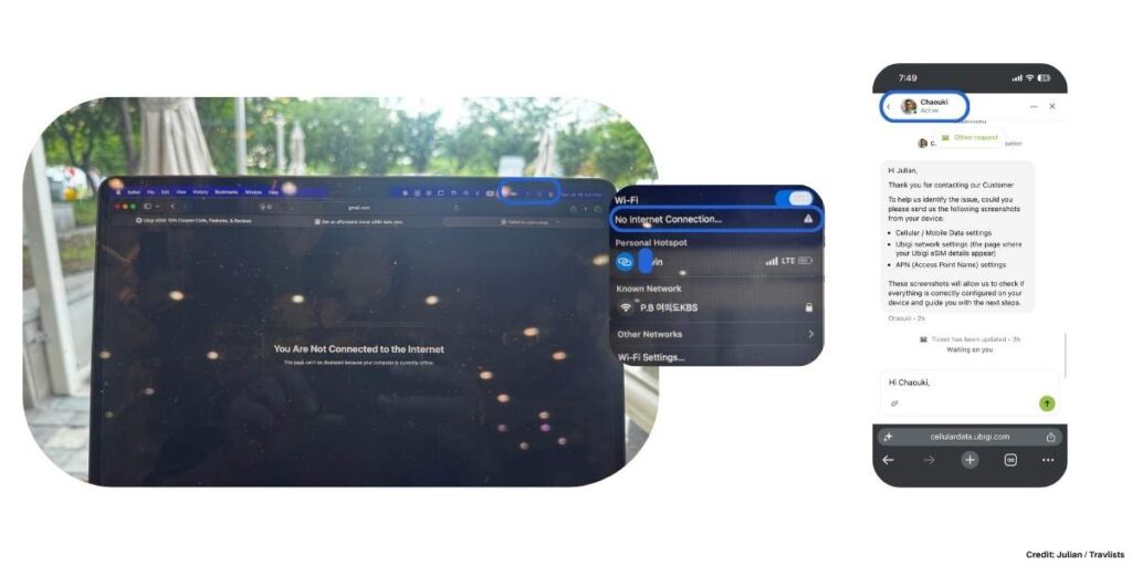 Ubigi eSIM hotspot not connecting to laptop with Ubigi customer support chat troubleshooting