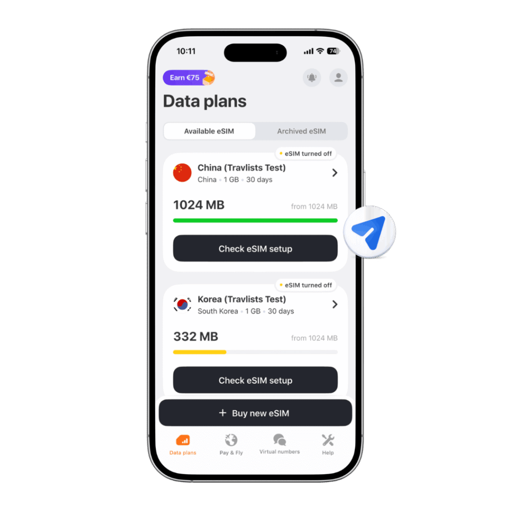 Yesim app data plans screen showing China and South Korea eSIMs plans labeled "Travlists Test" with remaining data usage