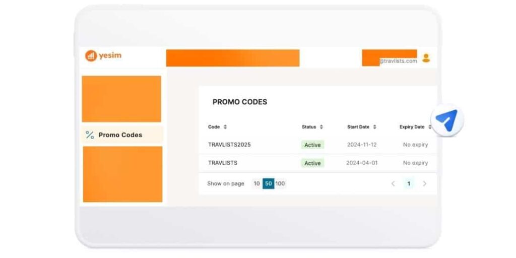 Yesim affiliate dashboard showing promo codes TRAVLISTS2025 and TRAVLISTS both active with no expiration date