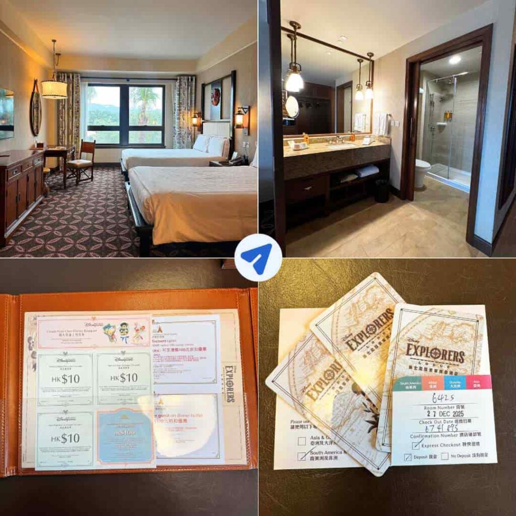 Disney Explorers Lodge Deluxe Room with two queen beds, bathroom layout, welcome discount coupons folder, and room key cards