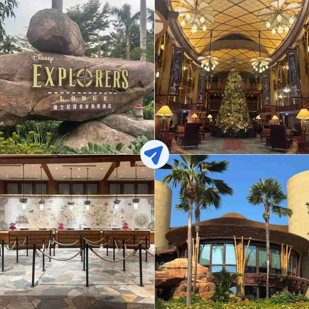 Disney Explorers Lodge entrance sign, grand lobby with Christmas tree, front desk with explorer map mural, and hotel exterior