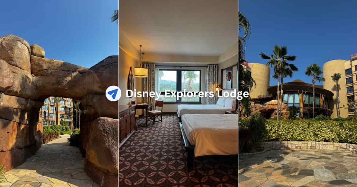 Disney Explorers Lodge Hong Kong grounds archway, deluxe room with two beds, and hotel exterior — photos from a December 2025 stay by Eisaku of Travlists
