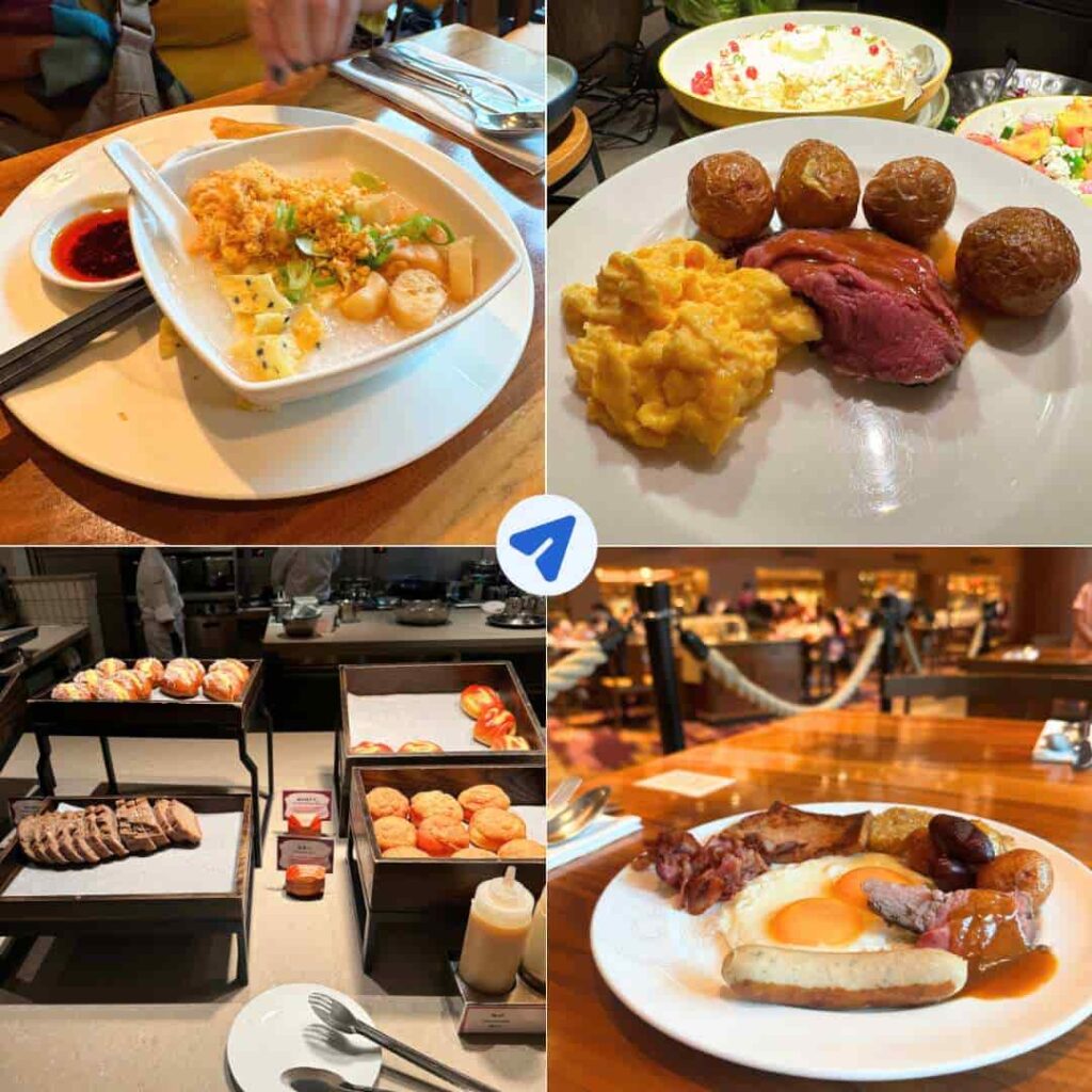 Dragon Wind Restaurant breakfast buffet at Disney Explorers Lodge showing seafood congee, steak and eggs with sausages, baked buns station, and full English breakfast plate