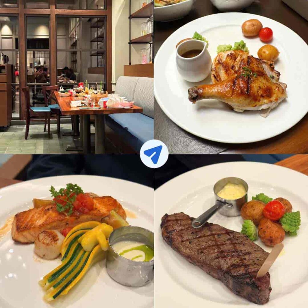 World of Color Restaurant at Disney Explorers Lodge showing the dining area, grilled free-range chicken, pan-seared salmon with scallops, and grilled beef striploin from a Christmas dinner in December 2025