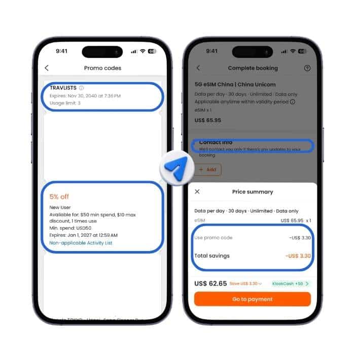 Klook app showing TRAVLISTS promo code applied at checkout with 5 percent discount on activities for new users