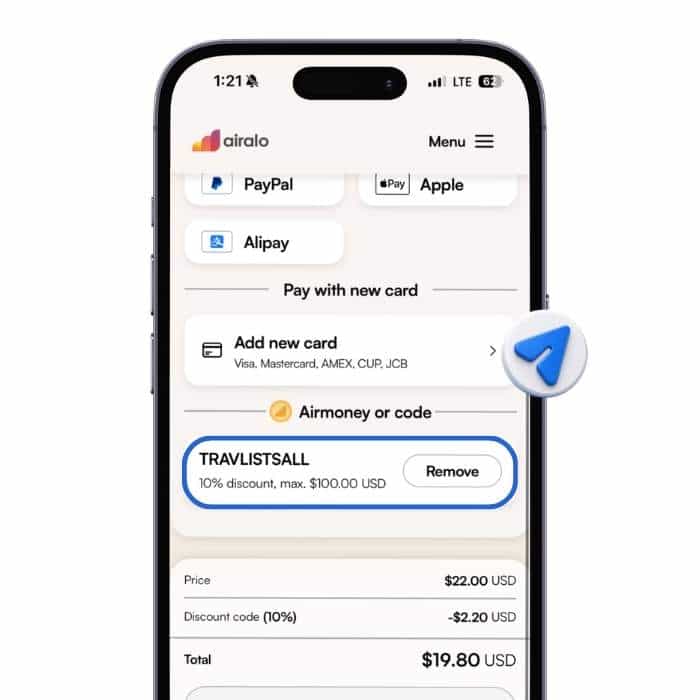 Airalo checkout screen applying TRAVLISTSALL promo code for existing users