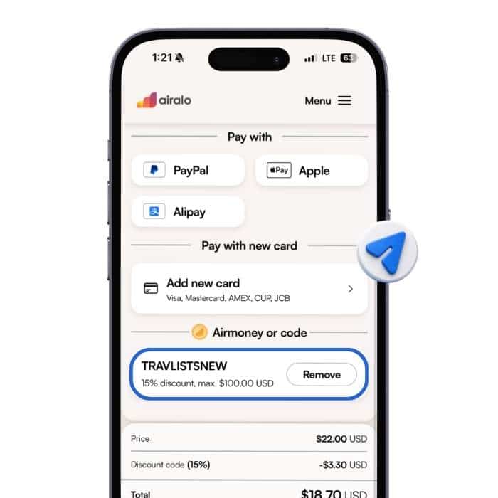 Airalo checkout screen applying TRAVLISTSNEW promo code for new users