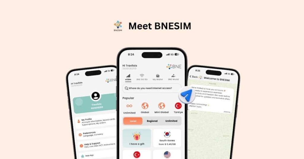 BNESIM app showing eSIM plans including South Korea from $0.49/GB and unlimited options