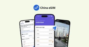 China eSIM unlimited data plans on Klook and trip.com with pricing options and tiktok screen showing shanghai video