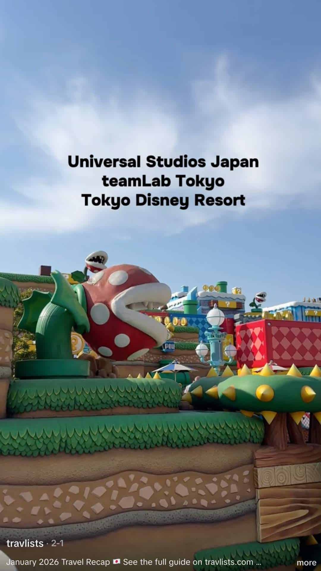 Eisaku Japan travel videos for Travlists TikTok, including USJ, teamLab, and Tokyo Disney
