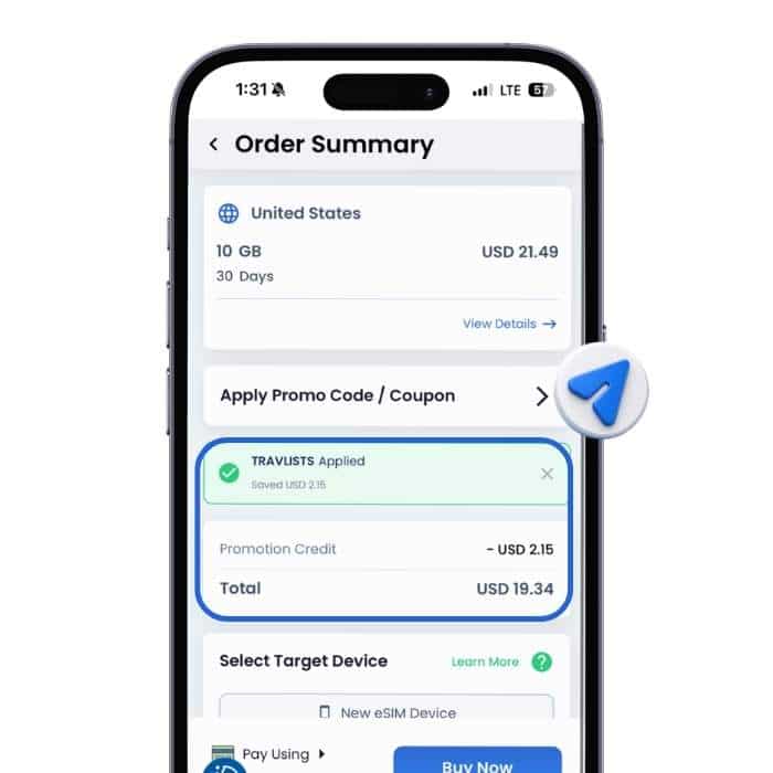 GigSky app showing Japan eSIM plan options available with TRAVLISTS promo code