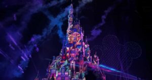 Hong Kong Disneyland castle Momentous night show with lasers and drone display