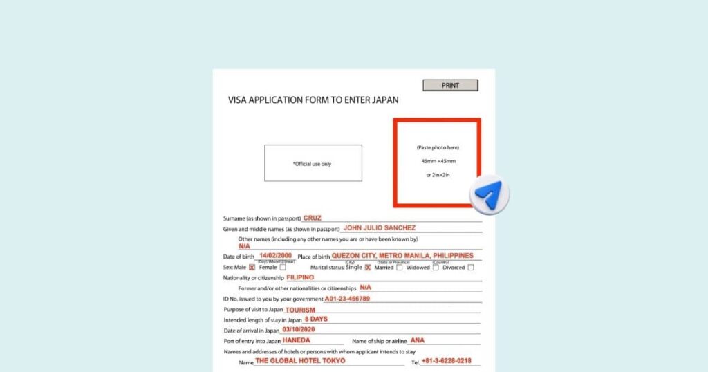 Sample filled Japan visa application form photo box for Filipino tourists