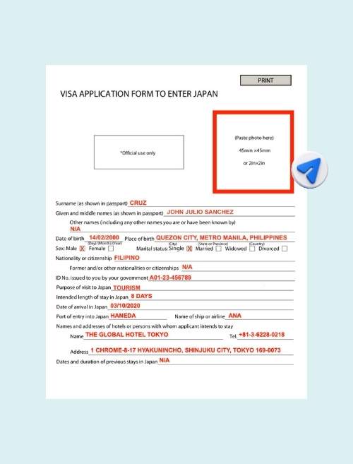 Sample filled Japan visa application form to enter Japan