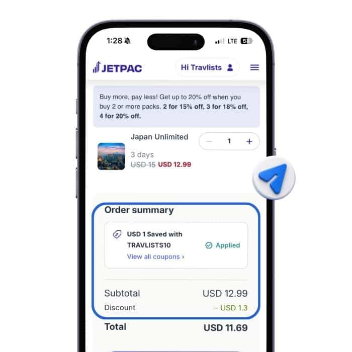 Jetpac checkout screen applying TRAVLISTS10 promo code for a Japan eSIM
