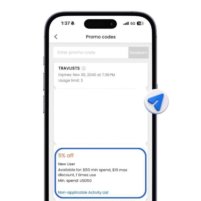 Klook app promo codes screen showing TRAVLISTS code with 50% off eSIM offer for new eSIM users capped at USD 2