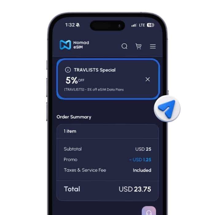 Nomad checkout screen applying TRAVLISTS promo code