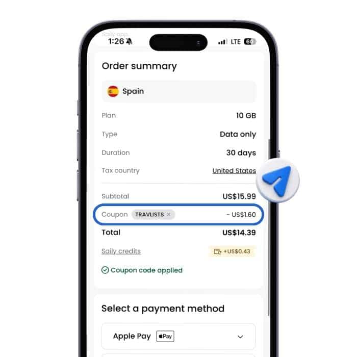 Saily checkout screen applying TRAVLISTS promo code for a Spain eSIM