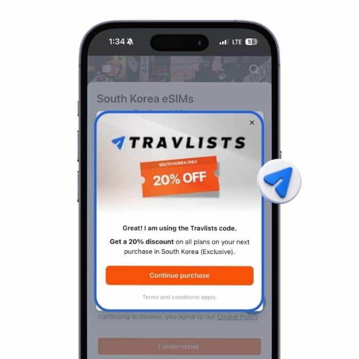 Superalink South Korea eSIM page with Travlists partner discount showing 20% off
