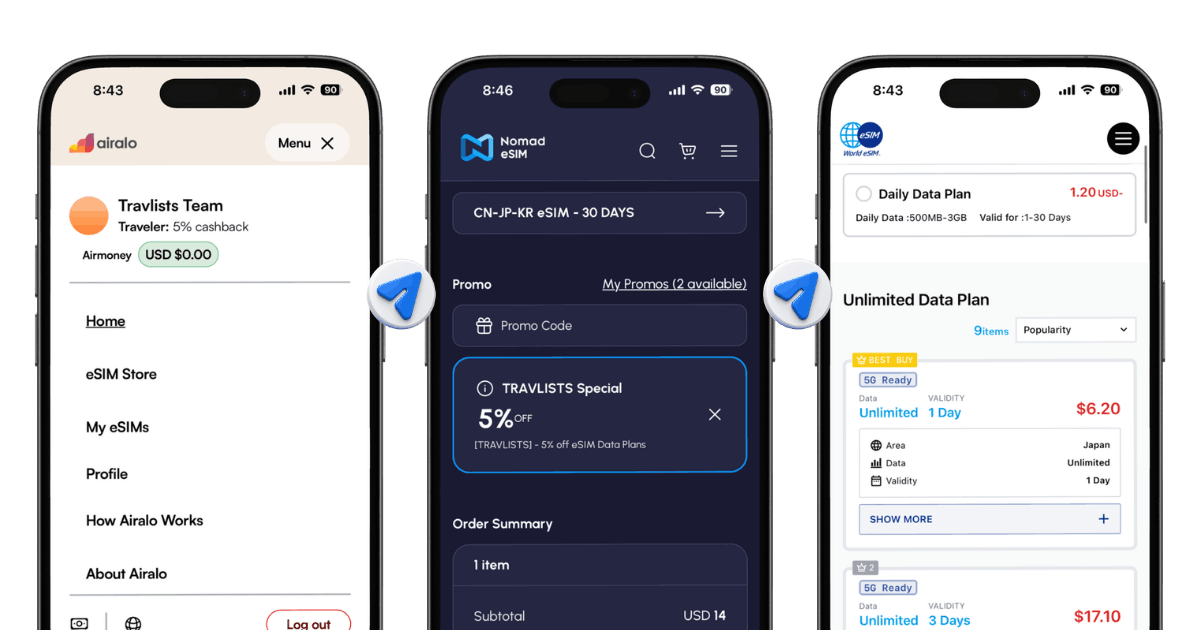 Travel eSIM apps showing Airalo, Nomad eSIM, and World eSIM plan options on iPhone