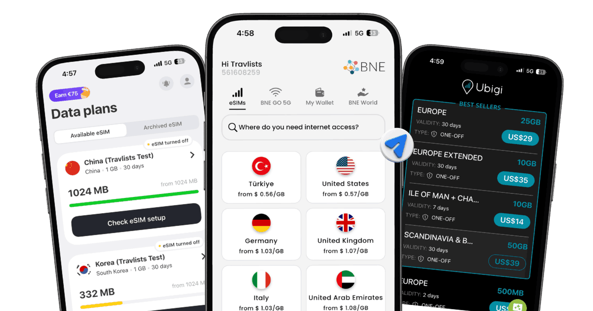 Travel eSIM apps including Yesim, BNESIM, and Ubigi