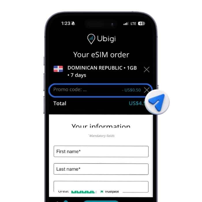 Ubigi checkout screen applying TRAVLISTS promo code for a Dominican Republic eSIM
