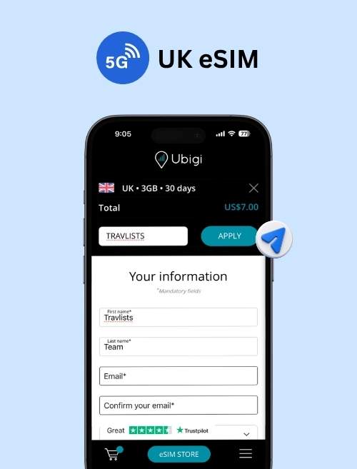 Ubigi UK eSIM checkout showing TRAVLISTS promo code applied