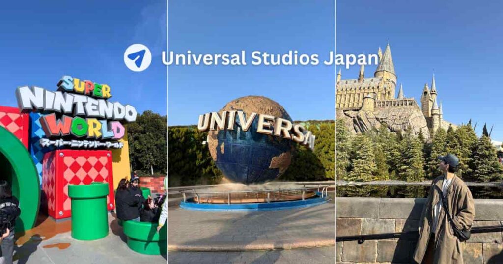 Eisaku at Universal Studios Japan showing Super Nintendo World entrance, Universal globe, and Hogwarts Castle at the Wizarding World of Harry Potter