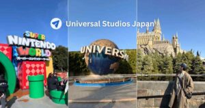 Eisaku at Universal Studios Japan showing Super Nintendo World entrance, Universal globe, and Hogwarts Castle at the Wizarding World of Harry Potter