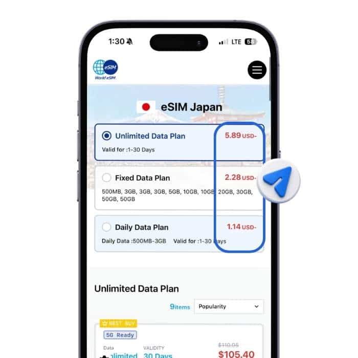 World eSIM order summary showing TRAVLISTS partner discount applied on a USA eSIM plan