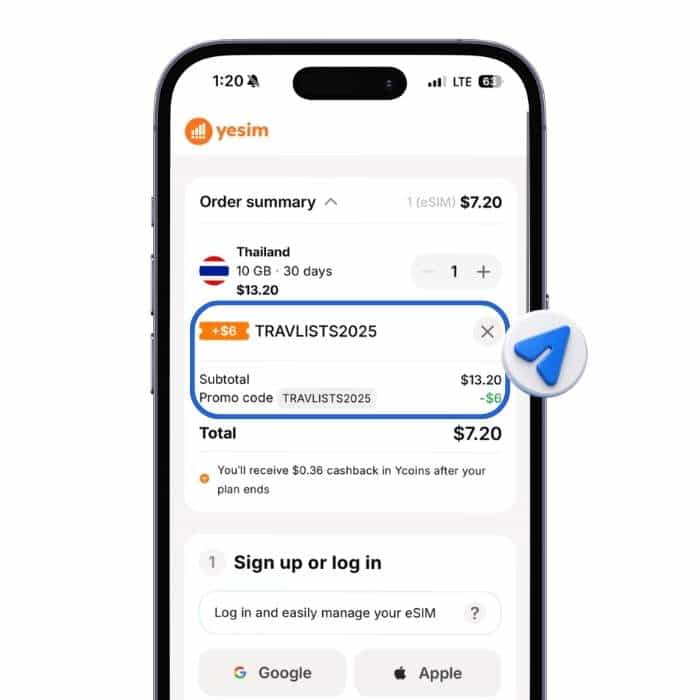 Yesim checkout screen applying TRAVLISTS2025 promo code for a Thailand eSIM