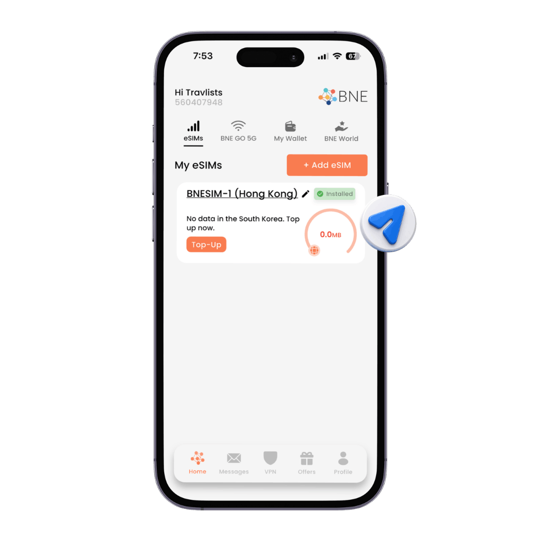 BNESIM eSIM app on iPhone showing installed Hong Kong eSIM on Travlists account