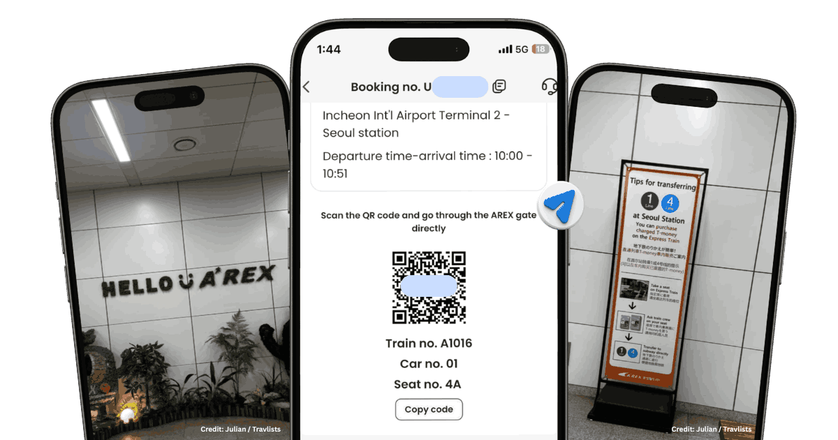 AREX Express Train booking screenshot showing Incheon Airport Terminal 2 to Seoul Station ticket with QR code and seat details, alongside the AREX station entrance and transfer tips signage at Seoul Station