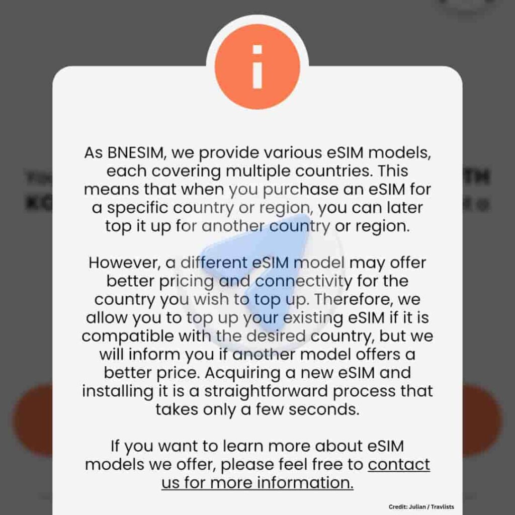 BNESIM app popup explaining that eSIM top-up availability for a new country depends on the eSIM model purchased