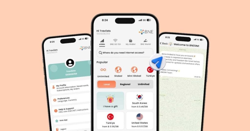 BNESIM app screens showing account profile, home screen with local, regional, Turkey, South Korea, United States, global, and unlimited plan tabs, and WhatsApp welcome message after eSIM purchase