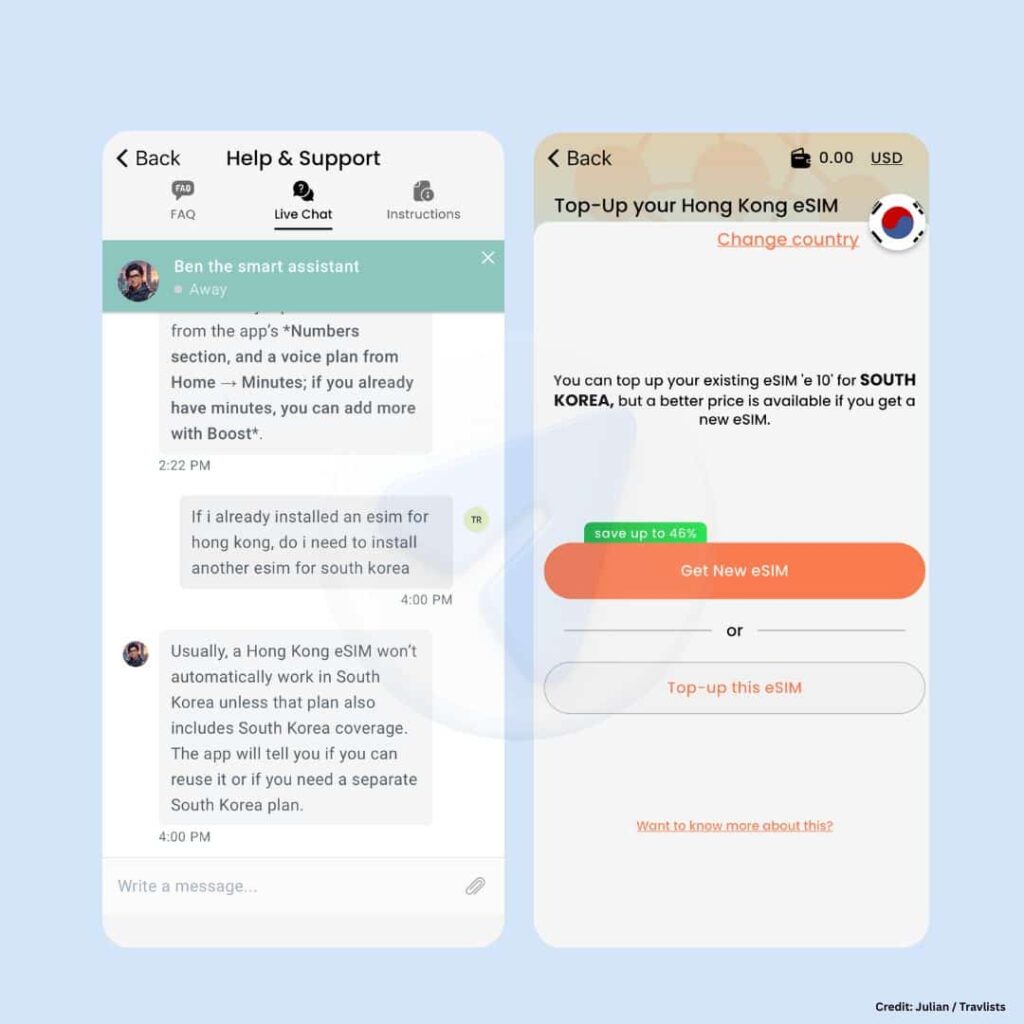 BNESIM live chat support and eSIM top-up screen showing a 46% discount option