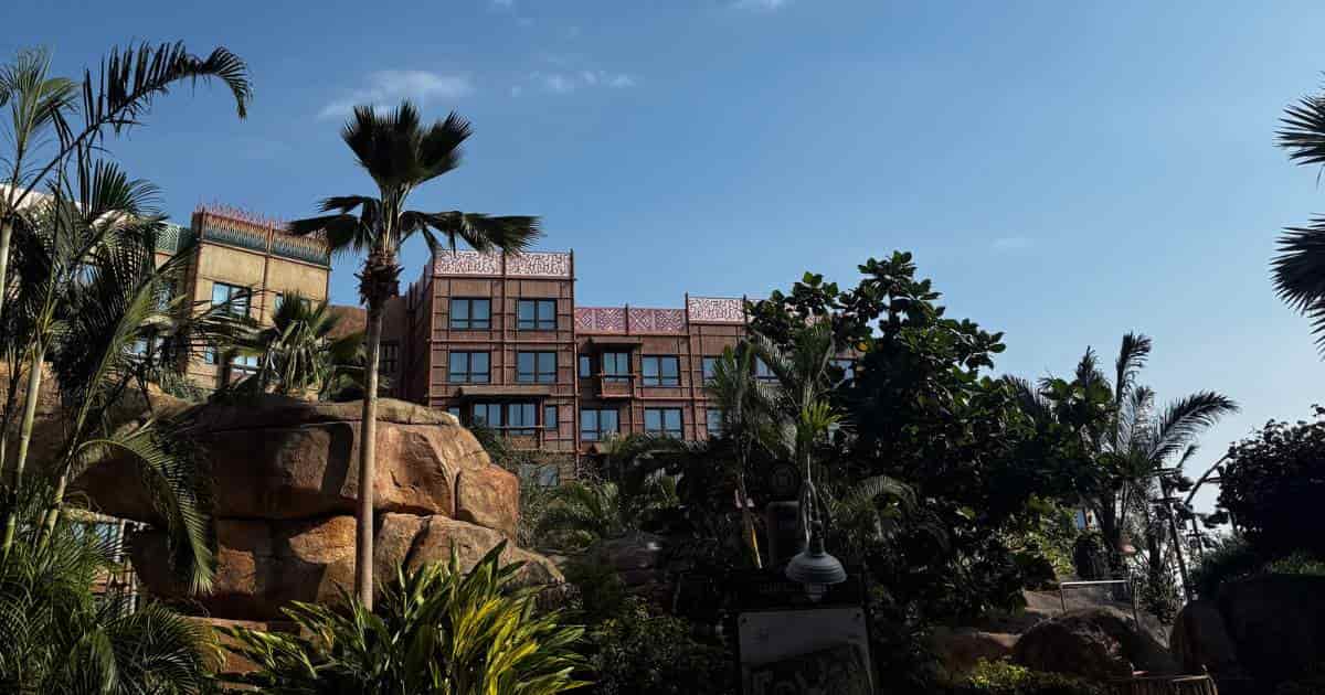Disney Explorers Lodge Hong Kong exterior view surrounded by tropical landscaping