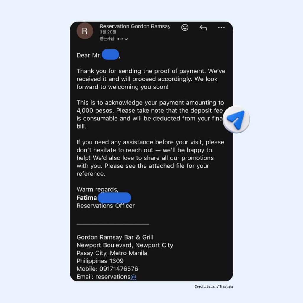 Email confirmation from Gordon Ramsay Bar & Grill Manila reservations team acknowledging deposit payment