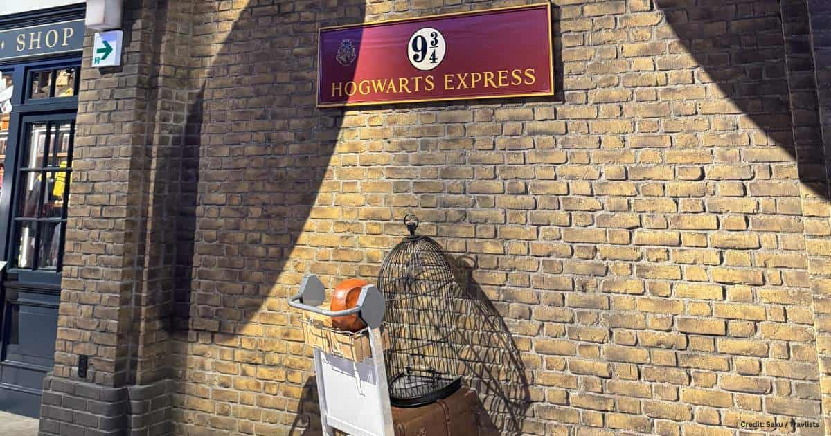 Platform 9¾ Hogwarts Express sign with luggage cart at Warner Bros. Studio Tour Tokyo