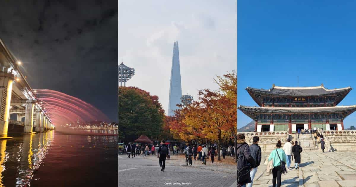 South Korea attractions: Banpo Bridge Rainbow Fountain at night, Lotte World Tower in autumn, and Gyeongbokgung Palace