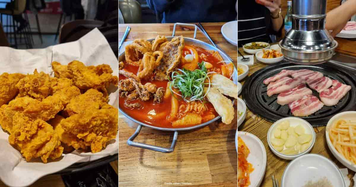 South Korea food: Korean fried chicken, tteokbokki with tempura, and samgyeopsal Korean BBQ
