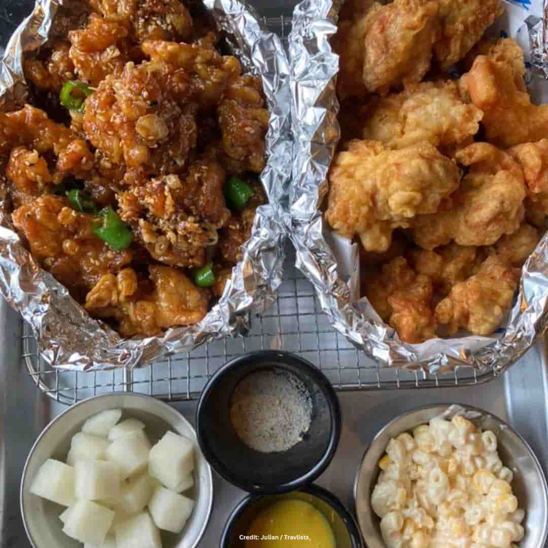 South Korea food: half-and-half Korean fried chicken with sides