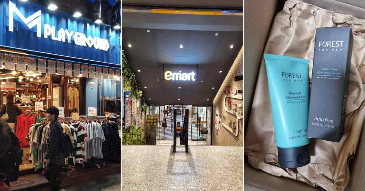 South Korea shopping: M Playground streetwear store, Emart entrance, and Innisfree K-beauty products