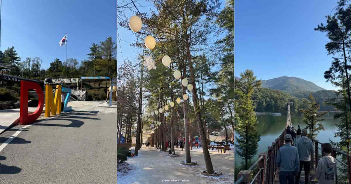 South Korea tours: DMZ sign, Nami Island tree-lined path, and Majang Lake Suspension Bridge